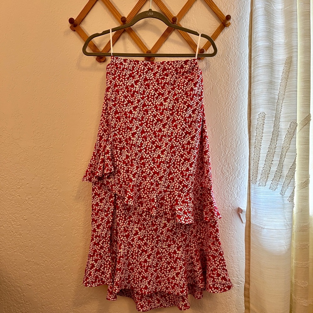 Red and white floral midi skirt